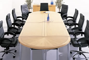 Conference table layout with 38mm thick top with inlaid veneer top